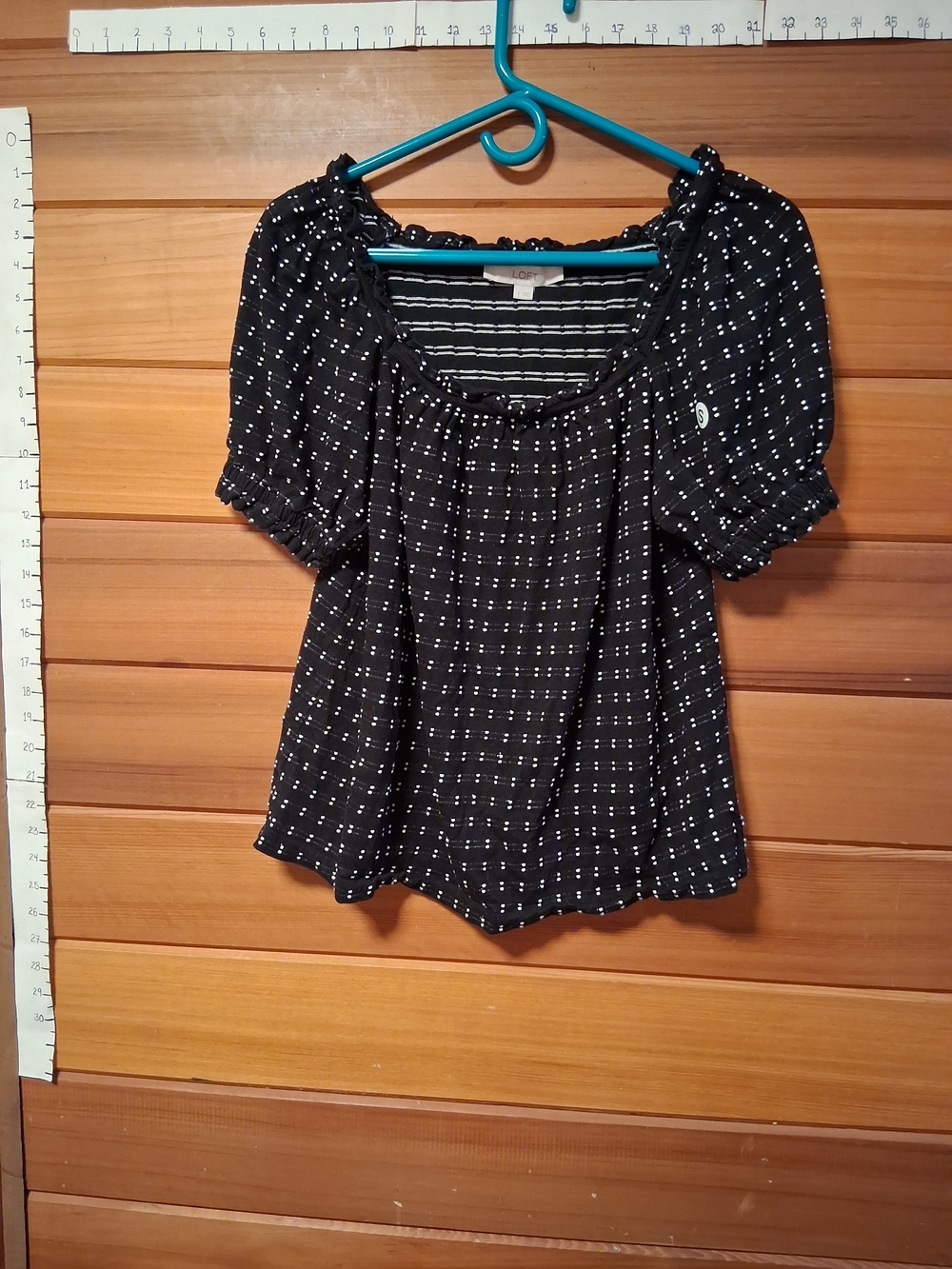 LOFT Black Blouse with White Dot Grid